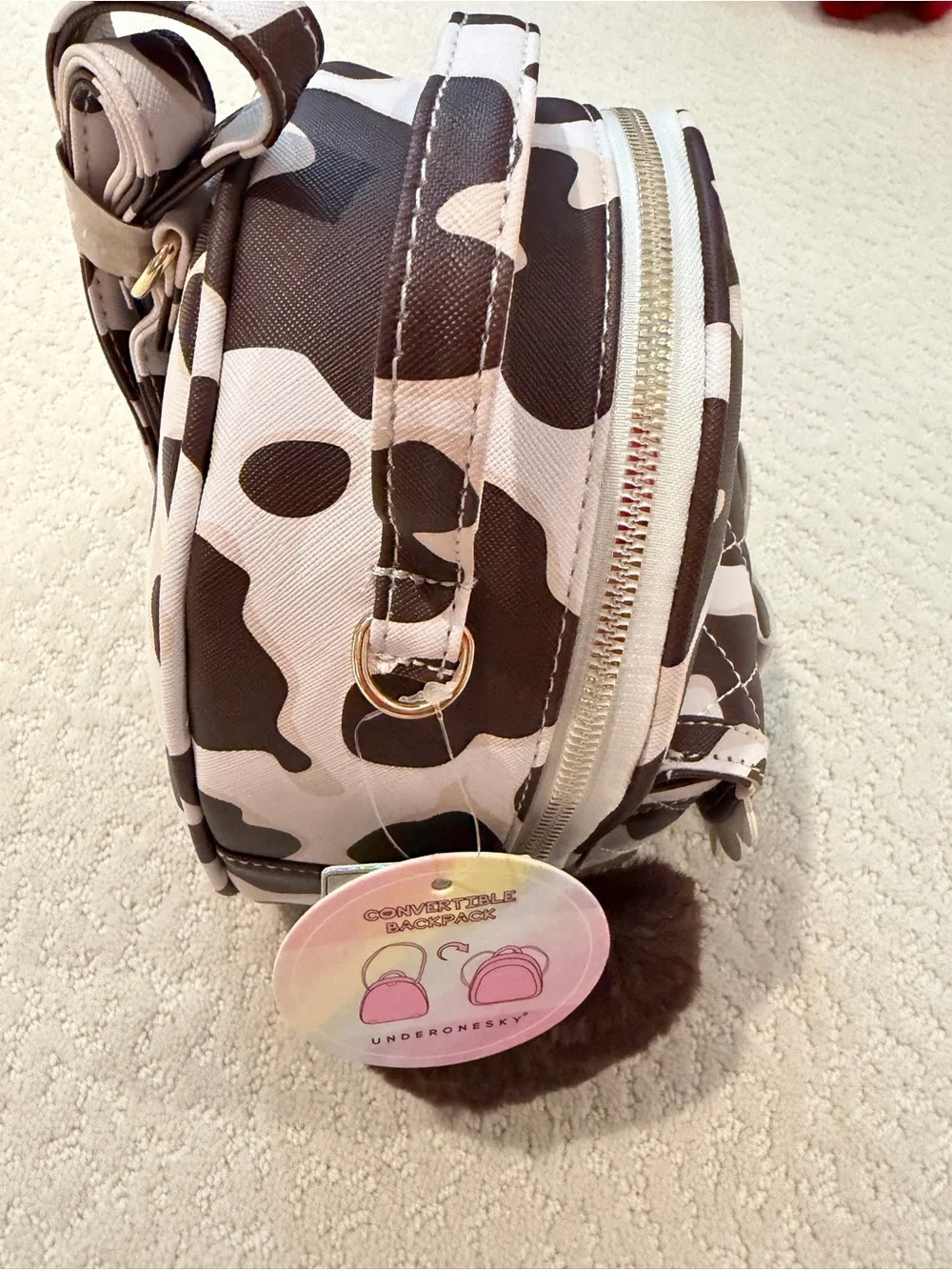 Mini Backpack Brown & White with Heart  charm and Gold Accents by Undetonesky